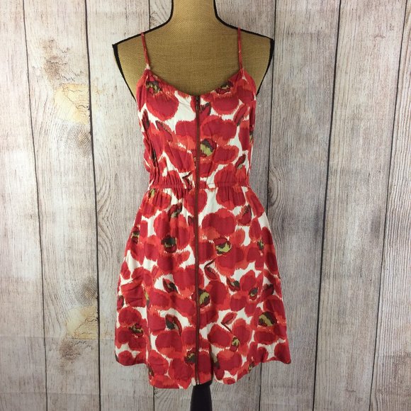 Elle Dresses & Skirts - Elle Coral Red Floral Full Zip POCKETS Dress Sz M